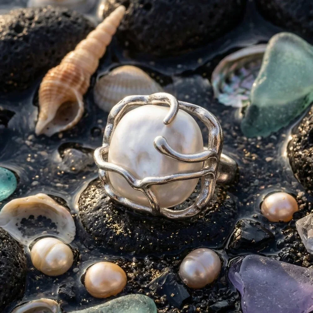 925 Sterling Silver Sculptural Faux Baroque Pearl Statement Ring Adjustable 6-9